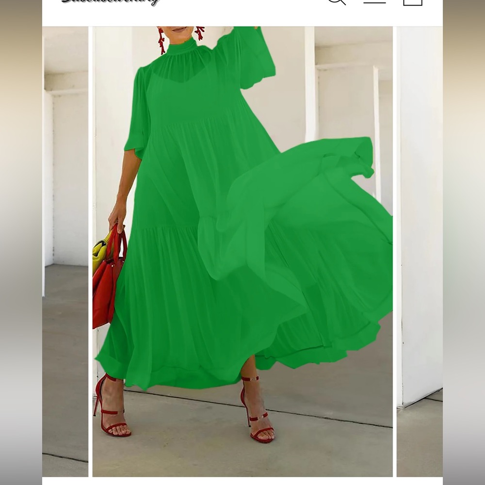 Stand Collar Ruffle Hem Dress - green - M - new